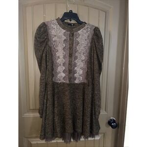 RYU Dress Womens Large brown Sheer Lace Ruffled Bottom Long Sleeve